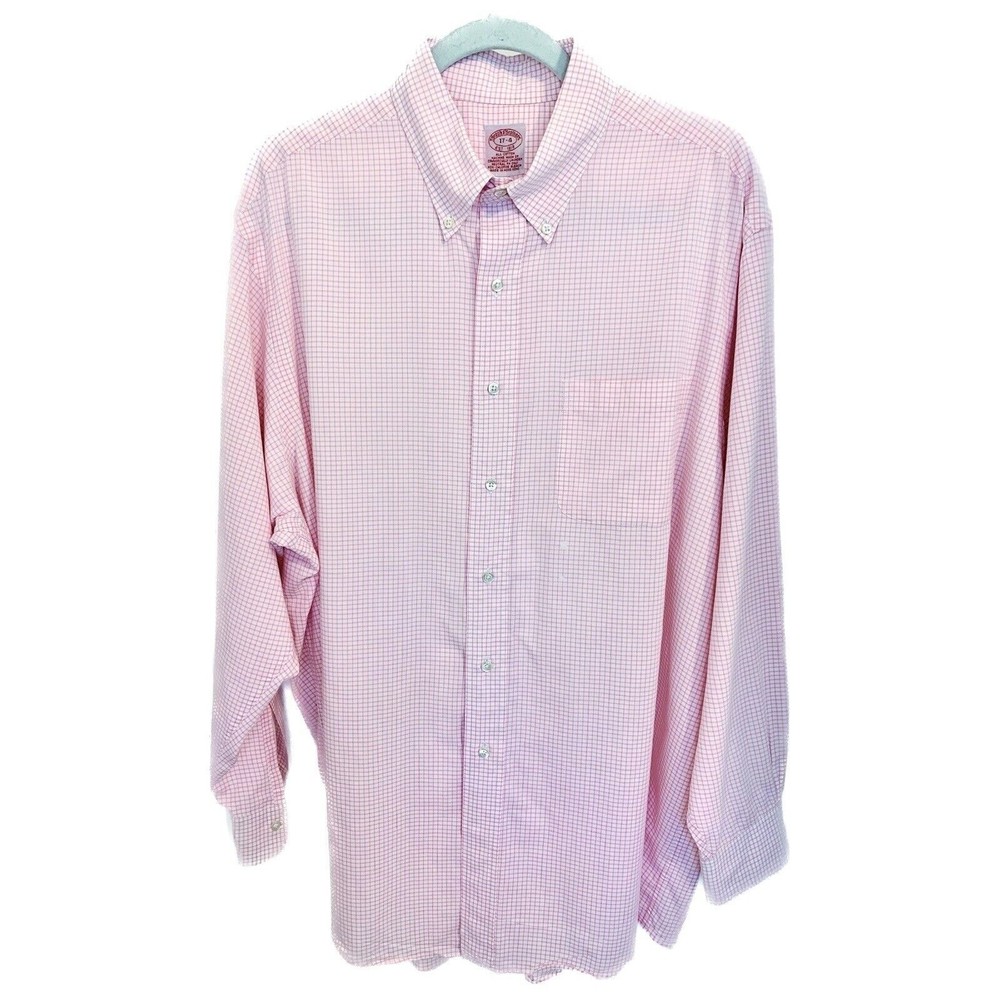 Brooks Brothers Pink White Check Plaid Button Down Casual Dress Shirt Size 17-4‎